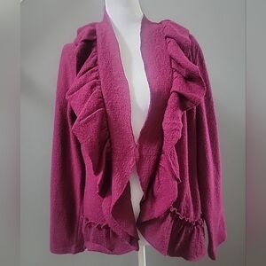 Claudia Ev Sweater 1X Purple Long Sleeve 100% Wool One Button Front Ruffle Front